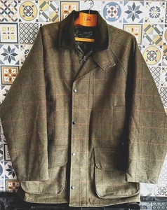 Abrigo de campo tweed para hombre XL 100% lana largo marrón/verde forrado a cuadros hecho en el aliento Reino Unido - Imagen 1 de 15