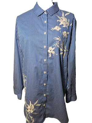 Camisa Chicos Mujer Azul Blanco Rayas Floral Manga Larga Camisa Abotonada Talla XL Foto 1 de 4