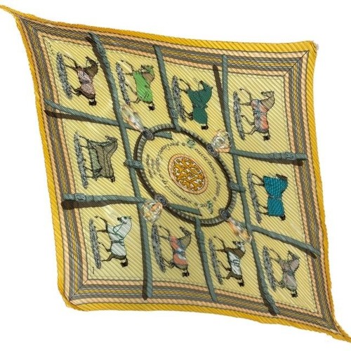 HERMÈS Cappotto equitazione Hermes plissettato in seta calé giallo multi