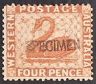 1888 Western Australia 4d Red Brown Swan stamp p14 WMK Crn/CA SPECIMEN + gum