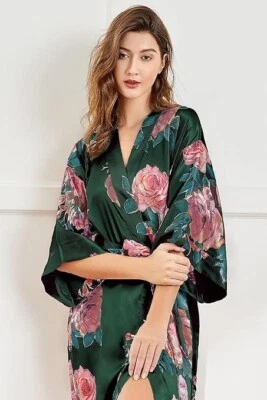 NEW Dark Green Women's Floral Long Kimono Robe Long Silky Womens Small-Large - Image 1 of 4