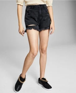 And Now This Women's Size 32 High Rise Cotton Frayed Denim Shorts in Black NWT - Picture 1 of 4