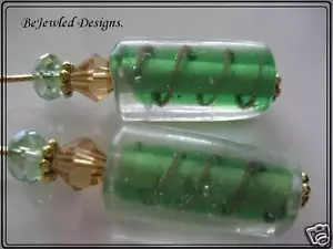 Green & Gold Swirl Barrel Lampwork Crystal Earrings Pierced Clip On you choose - Picture 1 of 1