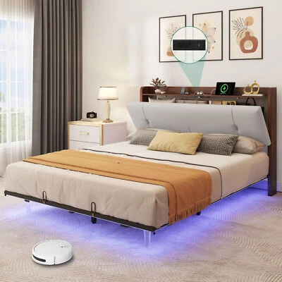 Floating Bed Frame Queen with Hidden Storage Headboard and RGB LED Lights - Image 1 of 4