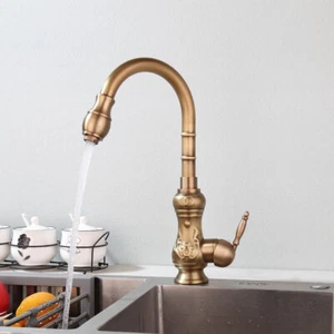 Antique Brass Kitchen Sink Mixer Faucet Swivel Spout Basin Deck Mounted Taps - Picture 1 of 12