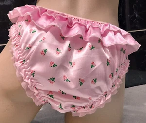 Pink Rose Print Girly Ruffle n Lace Trim Panties Silky Satin Knickers S 8/10 - Picture 1 of 24