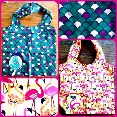 NEW! Thirty One Foldaway Totes, Reusable Shopping Bags Flamingo or Mermaid - Image 1 of 4