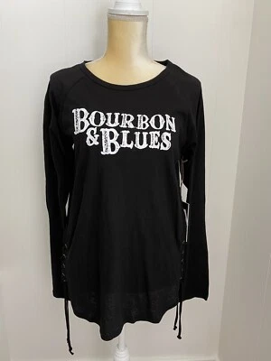 Blusa Vaquera Rock & Roll Nueva con Etiquetas Juniors GRANDE Negra Bourbon y Azul Corbatas Laterales Top Foto 1 de 4