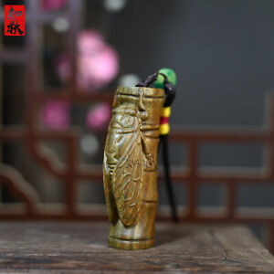 Green Sandalwood Carving of Bamboo Cicada "一鸣惊人" Keychain Pendant Handicraft