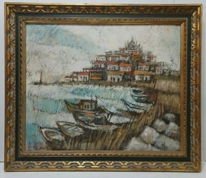 LISTED JUNE CUTLER Sd ORIGINAL O/B AMALFI COAST SHORELINE ITALIAN TOWN FRAMED - Picture 1 of 12