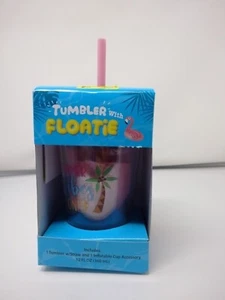 Summer Travel 12 oz Tumbler w/Lid & Straw & Pink Inflatable Cup Flamingo Floaty - Picture 1 of 2