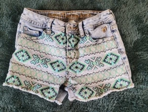 Girls 12 SLIM JUSTICE DENIM SHORTS GREEN PAINTED PRINT FRONT - Picture 1 of 5