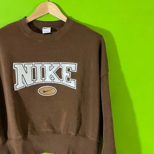 Nike Crewneck Sweatshirt Brown Spell Out Logo Pullover Top Womens Medium - Picture 1 of 6