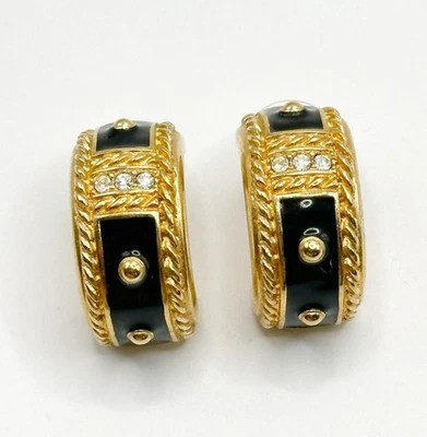 Swarovski Swan Signed Pierced Earrings Black Enamel Clear Crystal Half Hoop - Image 1 of 4