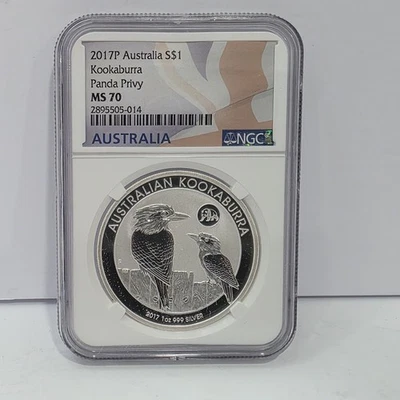 2017 澳大利亚 1 盎司银币 NGC 评级 MS70 $1 KOOKABURRA 中国熊猫私人金条 — 第 1/2 张图片