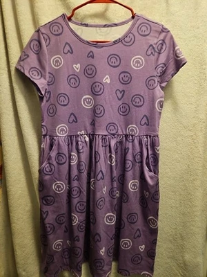 Xxl 18 Niñas Vestido Patinador Manga Corta Algodón Bolsillos Eith Nuevo con Etiquetas Púrpura Sonrisa Cara Foto 1 de 4