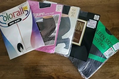 5 Vintage CASSINI PETITE BELLE COLORALL Black Navy Pantyhose Queen XL/1-2x  LOT - Image 1 of 4