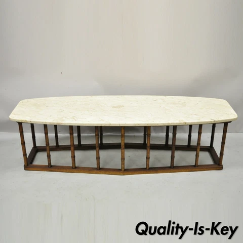 Vintage Hollywood Regency Faux Bamboo Travertine Marble Surfboard Coffee Table Cover