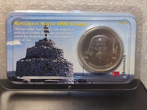 MONGOLIAN Silver 1000 Togrog Coin, Genghis Kahn - Picture 1 of 4