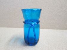 1x BLENKO Art Glass BLUE VASE Applied Handtied Ribbon Don Shepherd Design 6.5" T