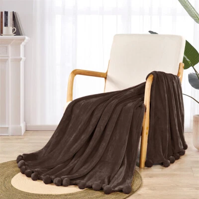 Boho Fleece Throw Blanket with Pompom Fringe – Lightweight, Warm & Cozy Decor - Image 1 of 4