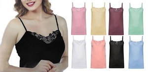 Ladies Plain Stretch Cotton Vest Top Lace Trim Cami Tank Strappy Camisole Lot - Picture 1 of 23