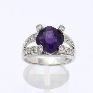 14k White Gold Cushion Cut Natural Amethyst Diamond Ring Split Shank - Picture 1 of 10