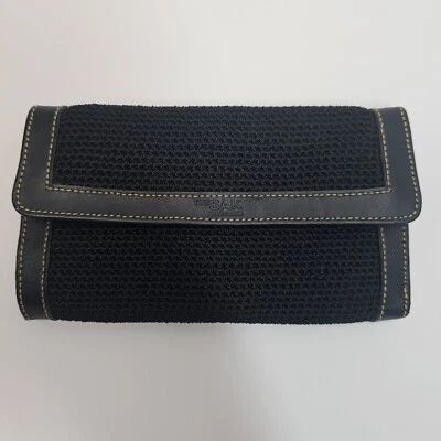 SAK钩针编织黑色皮革边饰三折口袋钱包 — 第 1/4 张图片