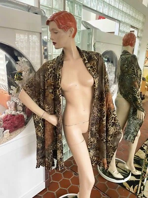 Women Leopard Multicolor Knit Shawl Wrap Cape ruffle 80 x 24" NWT Italy Cover up - Image 1 of 4