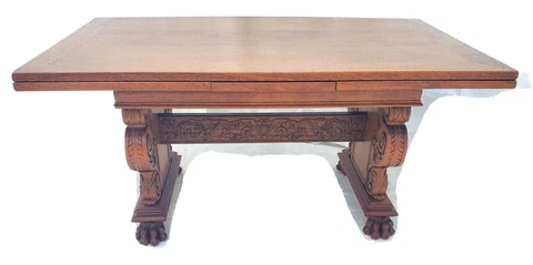 Antique 1930s Ornately Carved Oak Renaissance Revival Draw Leaf Dining Table Cover