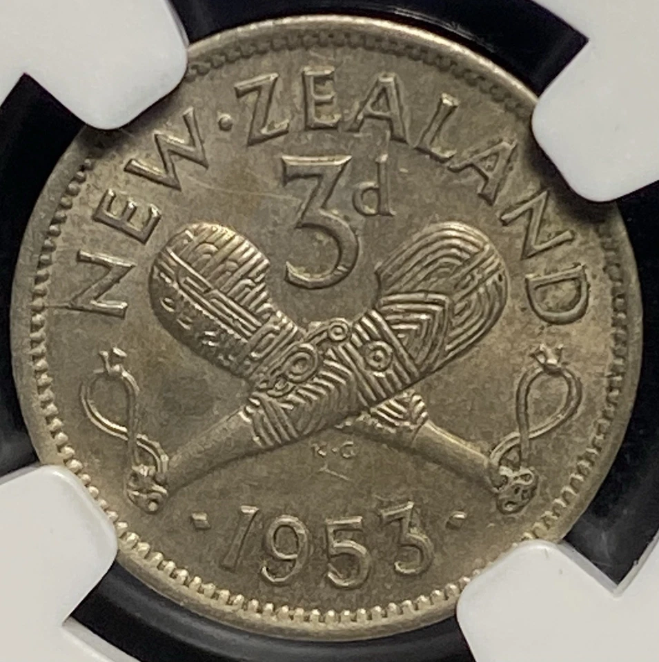 NUEVA ZELANDA 1953 Isabel II Coronación 3p Tres Peniques Gran Bretaña NGC AU58 Foto 1 de 4