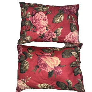Cabbage Rose Lumbar Pillows Deep Maroon Handmade 11 x16” Farmhouse Washable EUC - Picture 1 of 7