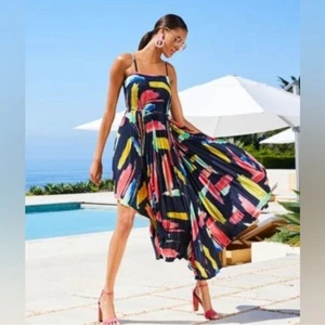 NWT Milly Irene Modern Brushstroke Pleated Midi Dress Rainbow Multi sz 0 Swing - Picture 1 of 10