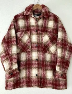 ZARA Damen rot/rosa kariertes kuscheliges Overshirt Shacket Hemd Größe S - Bild 1 von 10