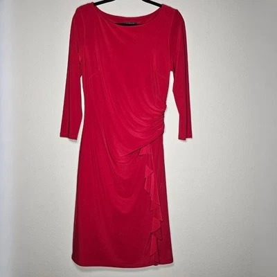 Lauren Ralph Lauren Womens 10 Boat Neck Sheath Dress Red Side Ruched 3/4 Sleeves - Image 1 of 4