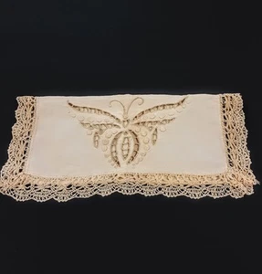 Vtg Ecru Embroidered Linen Lingerie or Glove  Bag / Envelope Crochet Edge Beige - Picture 1 of 7