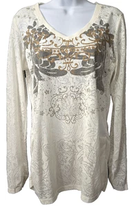 CAbi Retro Y2K Burnout Tee L Top Shirt geraffte Seiten V-Ausschnitt elfenbein langarm - Bild 1 von 8