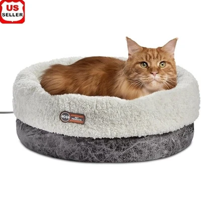 Cama aquecida para gatos com aquecedor removível aconchegante interna para animais de estimação lavável na máquina cinza  - Imagem 1 de 4