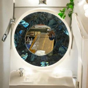 15" Round Labradorite Mirror Handmade Luxury Wall Mirror with Living Room Decors - Picture 1 of 7