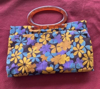 Vintage Lady’s Pride Foldable Reusable Floral Tote Bag Lucite Handles READ - Image 1 of 4