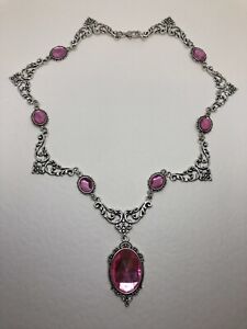 STUNNING REGAL FILIGREE VICTORIAN STYLE ROSE PINK CRYSTAL SILVER PL NECKLACE RFN