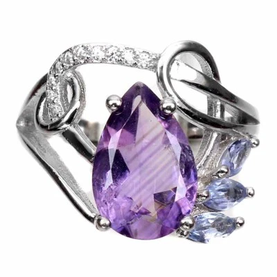 925 Anello Argento Sterling Pera Ametista 12x8mm Tanzanite Gemma Gioielli - Immagine 1 di 4
