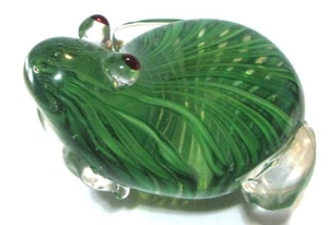 Murano Style ? Large Green Striped Hand-Blown Glass Frog Paper Weight Red Eyes - Picture 1 of 6