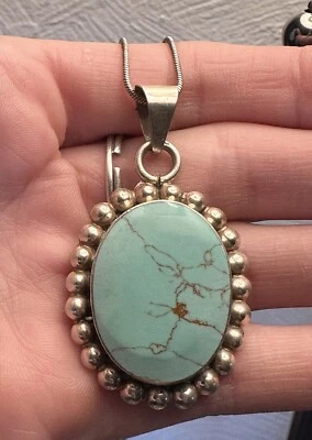 Vintage Oval Turquoise Cabochon 925 Sterling Silver Necklace 28 In - Image 1 of 4