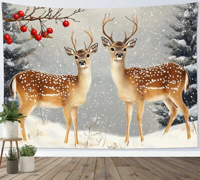 Winter Snowy Pine Tree Christmas Deer Tapestry for Bedroom Living Room Dorm - Image 1 of 4
