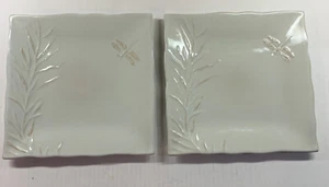 2 JCPenney Home Gardens Square Dinner Plates Stoneware Dragonfly Bamboo 10.5” - Picture 1 of 10