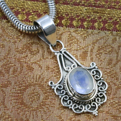 Rimorchio Pietra di Luna Ciondolo IN Argento 35mm Sterling 925 Stile Antico - Immagine 1 di 4