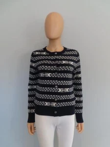 CHANEL Navy/White Chain Knit 100% Cashmere Cardigan Sweater F 38/US 6 - Picture 1 of 14