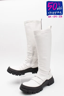 PVP €383 Botas hasta la rodilla de cuero MALLONI US7 UK4 EU37 blanco acanalado tacón cuadrado Foto 1 de 4