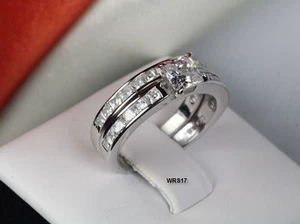 LADIES 2C STERLING SILVER 925 PRINCESS CUT BRIDAL ENGAGEMENT WEDDING 2 RING SET - Picture 1 of 4